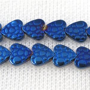Hematite beads, matte heart, blue plated, approx 8mm dia