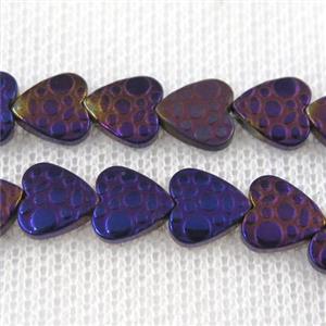 Hematite beads, matte heart, purple plated, approx 8mm dia
