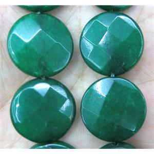 jade bead, faceted flat round, green dye, approx 20mm dia