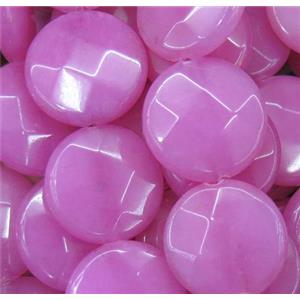 jade bead, faceted flat round, pink dye, approx 20mm dia