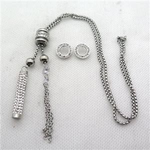 stainless steel necklace and earring, platinum plated, approx 2.5mm, 8-40mm, 70mm, 14mm dia