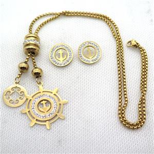 stainless steel necklace and earring, anchor, gold plated, approx 2.5mm, 18mm, 30mm, 18mm dia