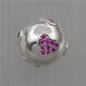 Sterling Silver round beads paved zircon, heart, platinum plated, approx 12mm dia