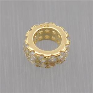 Sterling Silver beads paved zircon, rondelle, gold plated, approx 6mm, 3.5mm hole