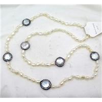 white freshwater pearl necklace pave rhinestone, approx 50cm length