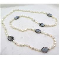 white freshwater pearl necklace pave rhinestone, heihua agate, approx 50cm length