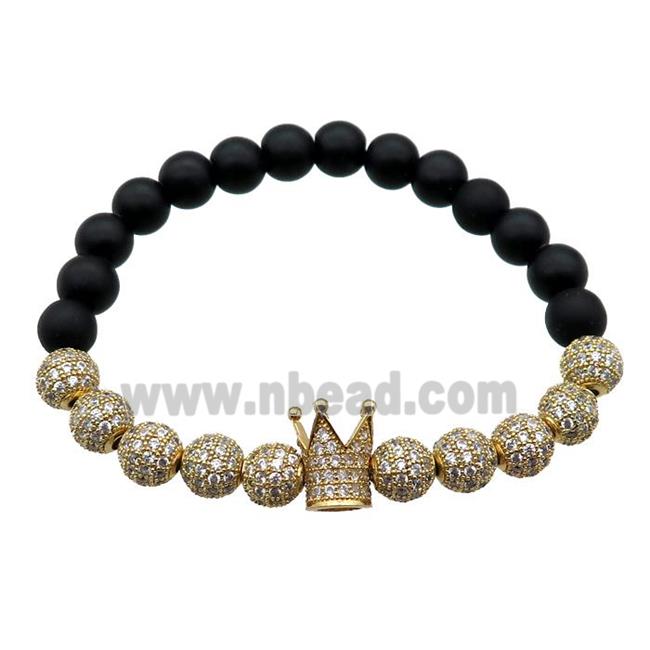 black matte Onyx Agate Bracelet with crown, stretchy