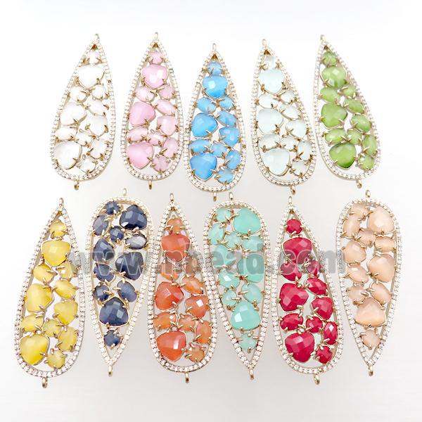 copper teardrop connector paved zircon with crystal glass, mix, hollow, gold plated