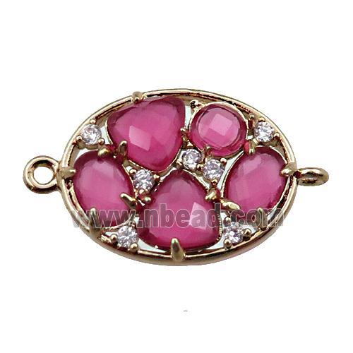 copper oval connector paved zircon with hotpink crystal glass, hollow, gold plated