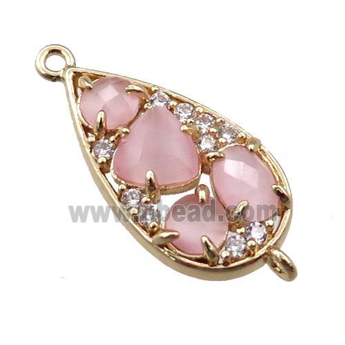 copper teardrop connector paved zircon with pink crystal glass, hollow, gold plated
