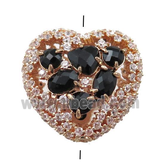 copper heart beads paved zircon with black crystal glass, hollow, gold plated