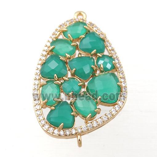 copper teardrop connector paved zircon with green crystal glass, hollow, gold plated