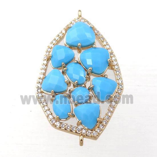 copper polygon connector paved zircon with blue crystal glass, hollow, gold plated