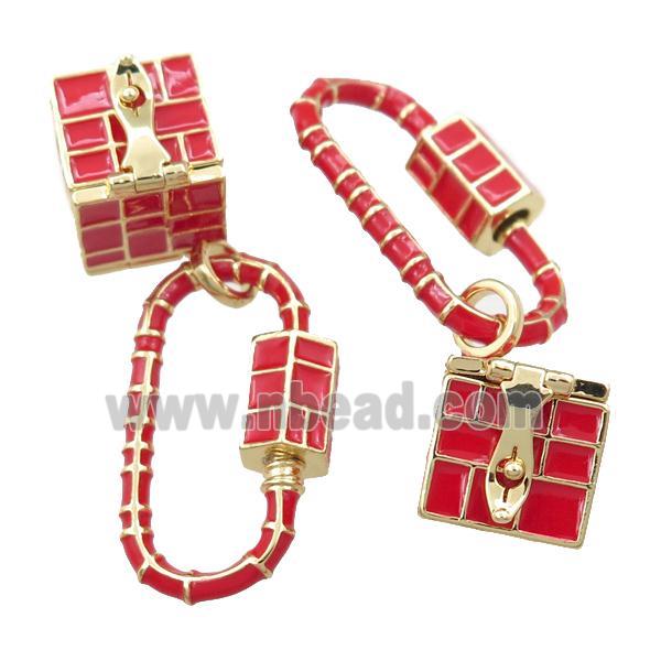 copper carabiner pendant with wish box, red enameled, gold plated