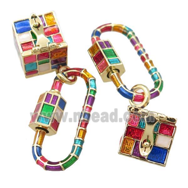 copper carabiner pendant with wish box, multicolor enameled, gold plated