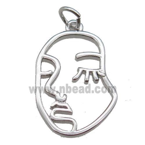 copper face charm pendant, platinum plated