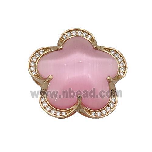 copper Flower pendant paved pink Cat Eye Crystal, gold plated