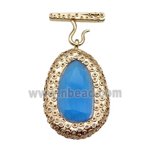 copper oval pendant pave blue Cat Eye Crystal, gold plated