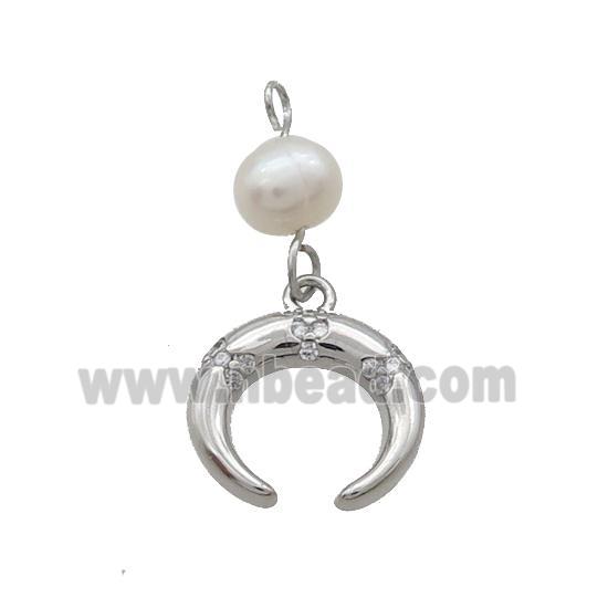 Copper Crescent Pendant Pave Zircon With Pearl Platinum Plated