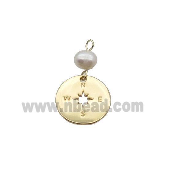 Copper Compass Pendant With Pearl Gold Plated