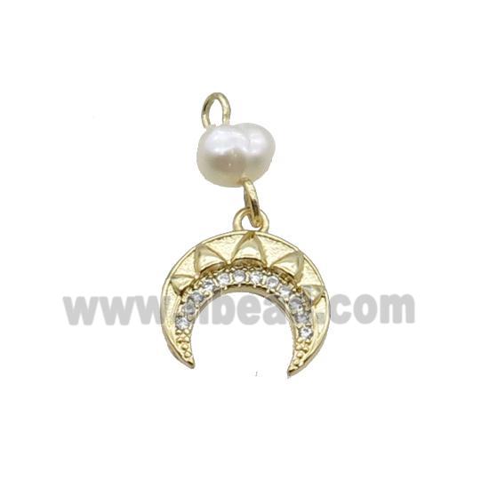 Copper Crescent Pendant Pave Zircon With Pearl Gold Plated