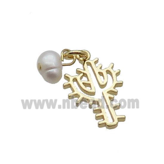Copper Cactus Pendant With Pearl Gold Plated