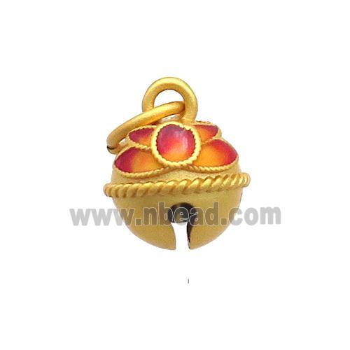 Copper Bell Pendant Orange Enamel 18K Gold Plated
