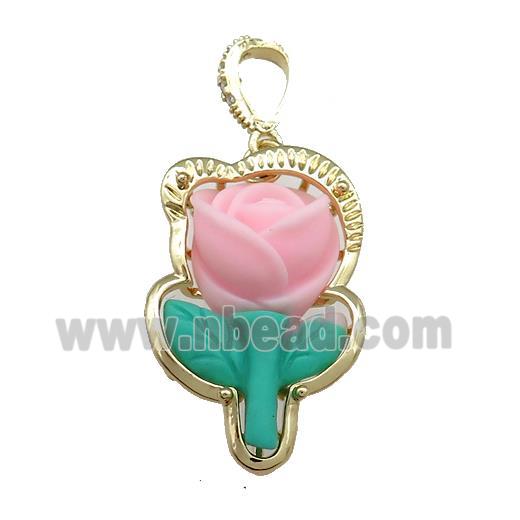 Pink Resin Flower Pendant Gold Plated