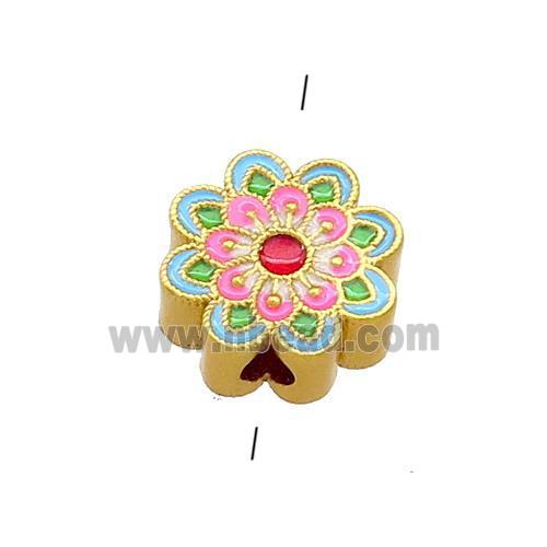 Copper Flower Beads Green Pink Cloisonne 18K Gold Plated