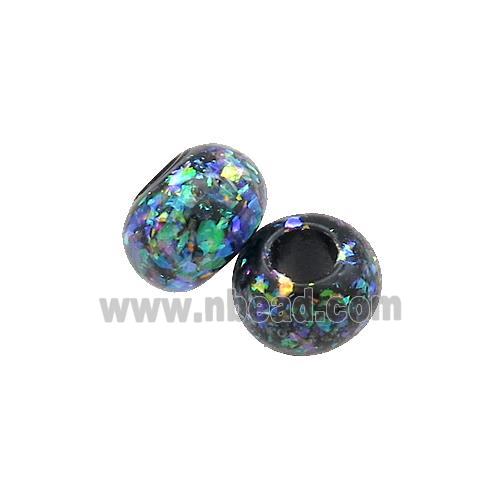 Black Resin Rondelle Beads Pave Rainbow Fire Opal Large Hole Smooth