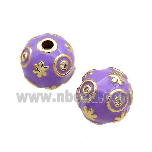 Copper Round Beads Pave Zircon Purple Enamel 18K Gold Plated
