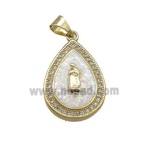 Copper Teardrop Pendant Pave Fire Opal Zircon Jesus 18K Gold