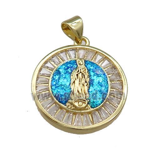 Copper Circle Pendant Pave Fire Opal Zircon Jesus 18K Gold Plated