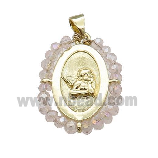 Copper Angel Pendant With Crystal Glass Wire Wrapped Oval Gold Plated