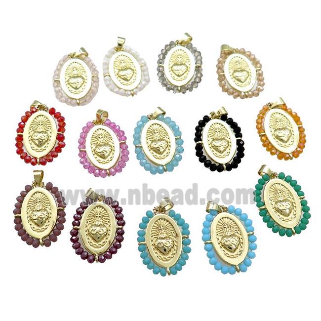 Sacred Heart Charms Religious Copper Oval Pendant With Crystal Glass Wire Wrapped Gold Plated Mixed