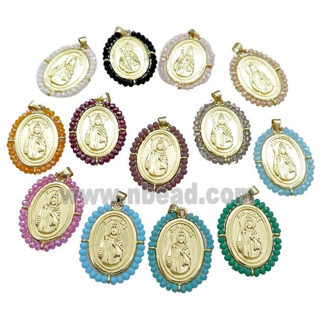 Saint Jude Charms Copper Medal Pendant With Crystal Glass Wire Wrapped Oval Gold Plated Mixed