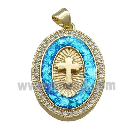 Copper Oval Pendant Pave Blue Fire Opal Zircon Cross 18K Gold Plated