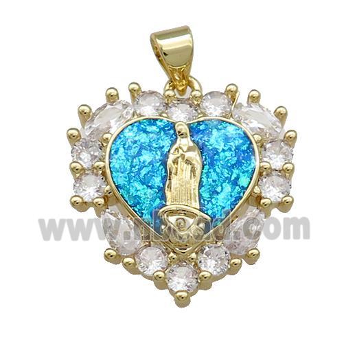 Virgin Mary Charms Copper Heart Pendant Pave Blue Fire Opal Zircon 18K Gold Plated