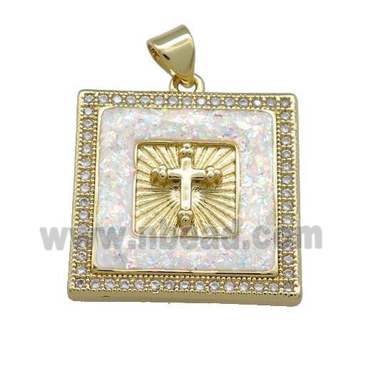 Copper Square Pendant Pave White Fire Opal Zircon Cross 18K Gold Plated