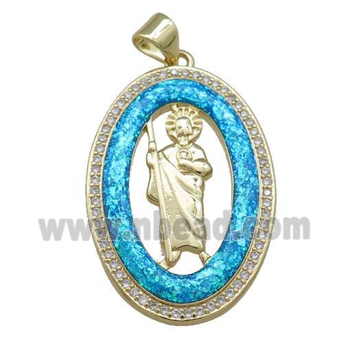 Saint Jude Charms Copper Oval Pendant Pave Blue Fire Opal Zircon 18K Gold Plated