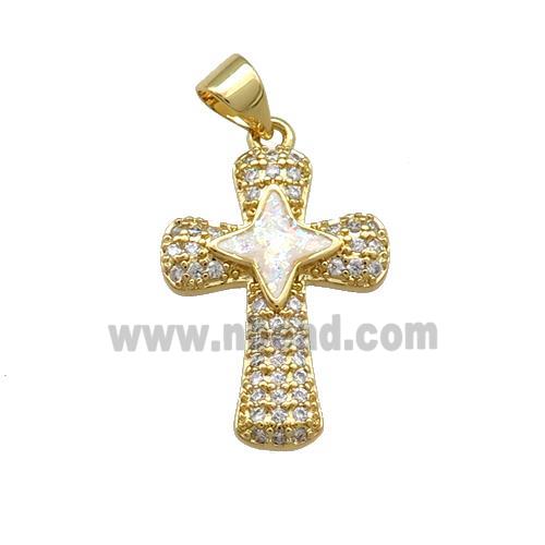 Copper Cross Pendant Pave White Fire Opal Zircon 18K Gold Plated