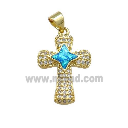 Copper Cross Pendant Pave Blue Fire Opal Zircon 18K Gold Plated