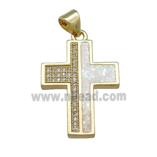 Copper Cross Pendant Pave White Fire Opal Zircon 18K Gold Plated