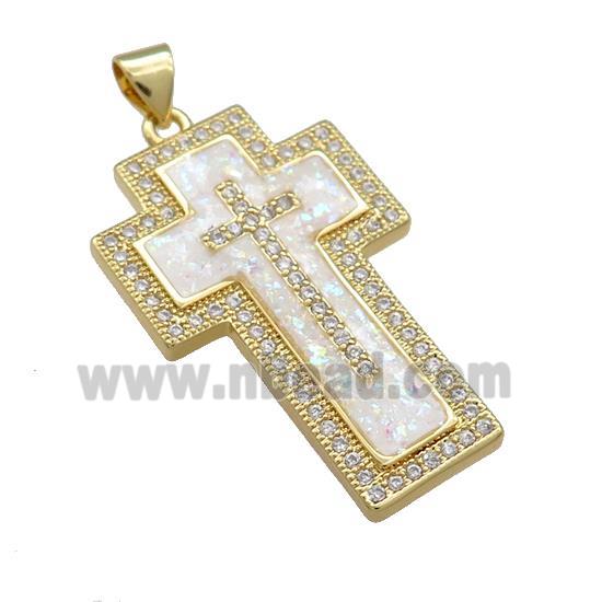 Copper Cross Pendant Pave White Fire Opal Zircon 18K Gold Plated