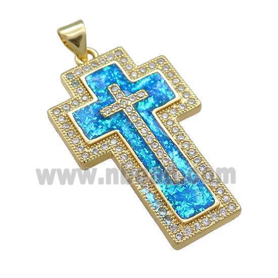 Copper Cross Pendant Pave Blue Fire Opal Zircon 18K Gold Plated