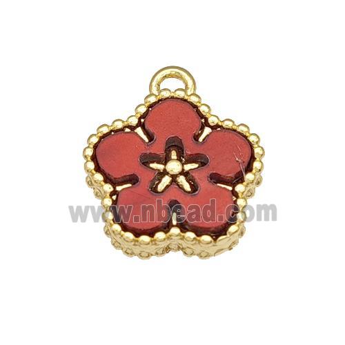 Copper Flower Pendant Pave Red Resin Gold Plated