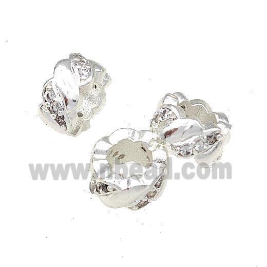 Copper Rondelle Beads Pave Zircon Large Hole Shiny Silver Plated
