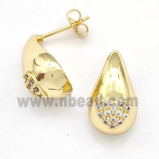 Copper Teardrop Stud Earrings Pave Zirconia Hollow Gold Plated