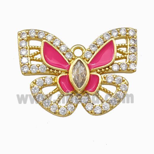Copper Butterfly Pendant Pave Zirconia Hotpink Enamel Gold Plated