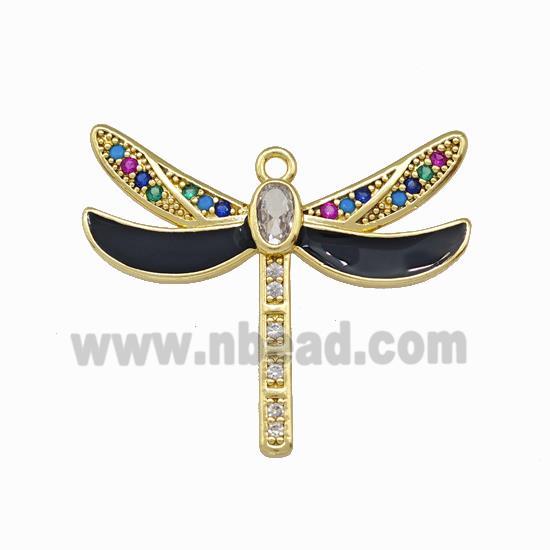 Copper Dragonfly Pendant Pave Zirconia Black Enamel Gold Plated
